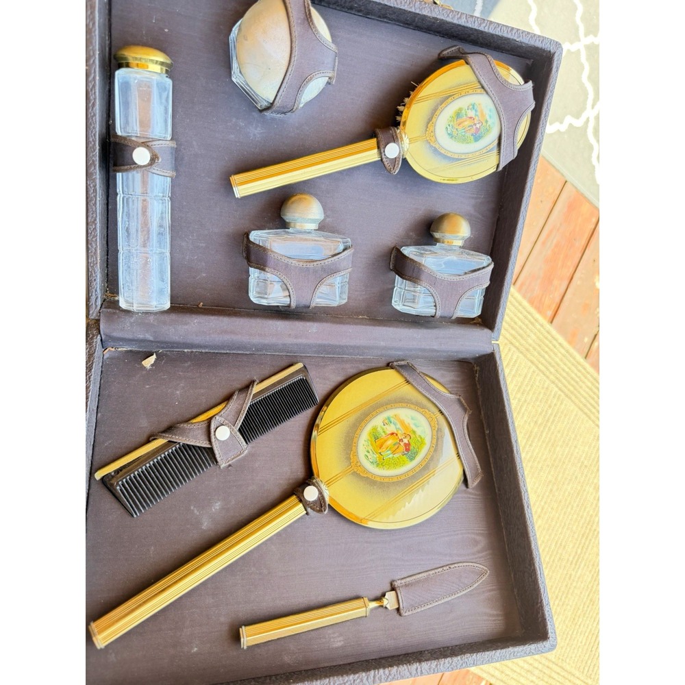 Vintage Vanity Grooming Set Case Hand Mirror Comb Glass Bottles Gold Tone 8pc